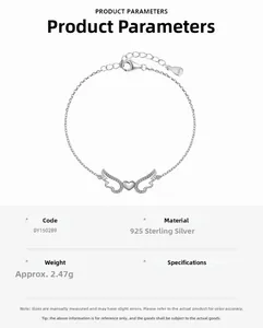 Macro detail of S925 sterling silver heart bracelet with angel wings and cubic zirconia