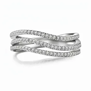 Anello a Strati Ondulato in Argento Sterling 925 per Donna Elegante Zirconia Intarsiato Galvanizzato Gioielli di Moda
