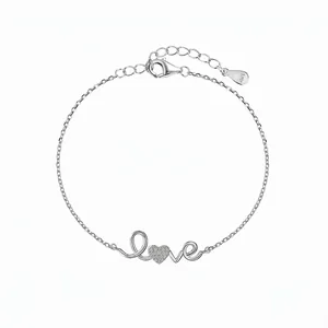 S925 Sterling Silver Love Heart Bracelet For Women Minimalist Letter Love Charm Bracelet With Zirconia Adjustment Chain Jewelry