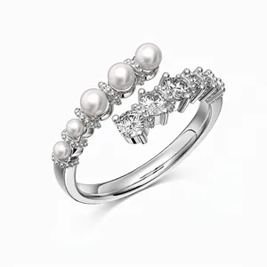 Eleganter S925 Sterlingsilber Künstliche Perlenring Zirkonia Eingelegt Verstellbarer Offener Ring Für Damen Schmuck Hochzeitsgeschenk