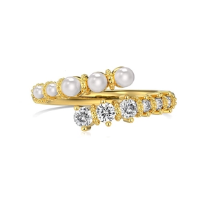 S925 Silberring vergoldet mit Perlen und Zirkonia im eleganten Wickeldesign für Damen