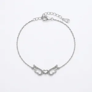 925 Sterling Silver Angel Wings Heart Bracelet For Women Inlaid Rhinestone Adjustable Chain Fashion Jewelry Gift