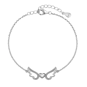 S925 sterling silver bracelet for women with zircon paved angel wings and heart pendant