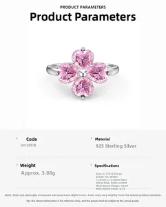 Detail showing S925 sterling silver ring with four-leaf clover pink heart zircon setting