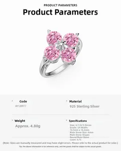Spécifications de la bague en argent 925 avec zircons roses et motif trèfle à quatre feuilles