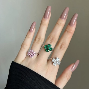 S925 silver clover rings with green, pink and white heart-shaped zircon stones