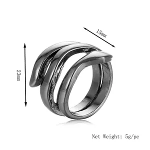 Punk style irregular snake wrap ring in dark grey alloy with size 23mm by 15mm dimensions