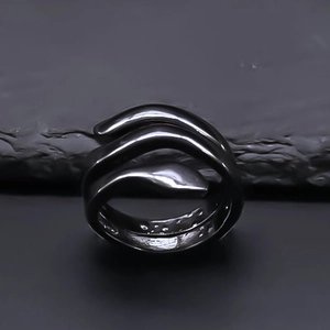Gothic punk style black layered wave open ring with minimalist irregular design