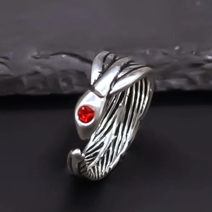 Retro feather ring with red gemstone inlay and oxidized silver finish for men and women