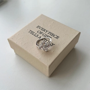 Gros plan sur bague trèfle en argent S925 avec zircons sur boîte à bijoux élégante
