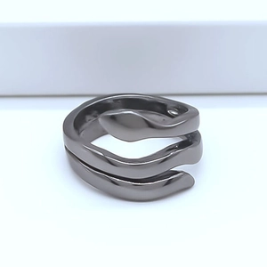 Detail of minimalist gunmetal snake wrap ring with polished finish and dual-layer structure