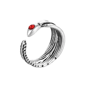 Vintage style open snake ring in silver finish with a vibrant red gemstone accent