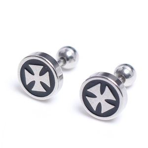 Stainless steel barbell stud earrings with black Maltese cross relief and screw back balls