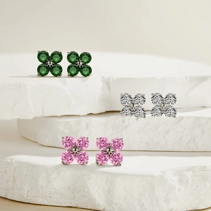 S925 sterling silver four-leaf clover stud earrings set with colorful zircon stones