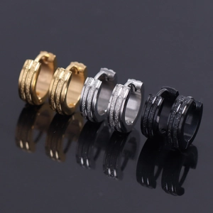 Men's Stainless Steel Frosted Huggie Earrings Hip Hop Minimalist Double Stripe Geometric Round Ear Buckle Daily Jewelry Gift
