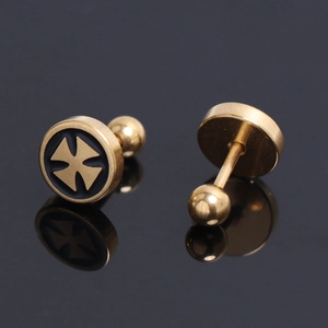 Detail of gold stainless steel barbell earring with black Maltese cross and screw back
