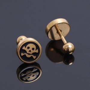 Boucles d'oreilles punk crâne en acier inoxydable doré avec fermoir boule sécurisé