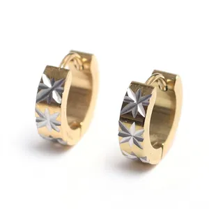 Patterned gold stainless steel hoop earrings for men with 0.9cm inner diameter