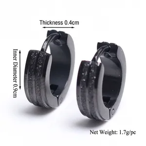 Men's hip hop black frosted stainless steel hoop earrings with 4mm thickness and 9mm inner diameter