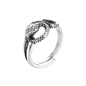 Vintage oxidized silver snake wrap ring with detailed scales and adjustable open band