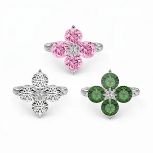 Bague Trèfle en Argent Sterling S925 Avec Zirconia Rond Incrusté Bague Fleur pour Femme Bijoux de Mode