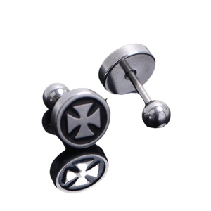 Barbell stud earrings in stainless steel with black iron cross motif and screw back