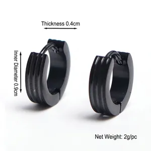 Boucles d'oreilles noires en acier inoxydable avec rainures et diamètre interne 0,9 cm