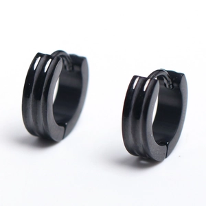 Minimalist black stainless steel huggie hoop earrings with grooved texture for men