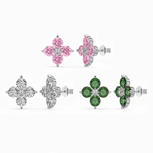 925 Sterling Silver Four-leaf Clover Stud Earrings For Women Colorful Zirconia Flower Earrings Elegant Jewelry Accessory