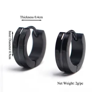 Black stainless steel hoop earrings with grooved design, 9mm diameter sizing details