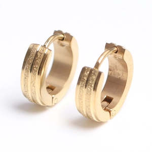 Men's hip-hop gold hoops with triple textured stripes and matte finish stainless steel