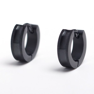 Men's minimalist black stainless steel huggie earrings with matte groove finish