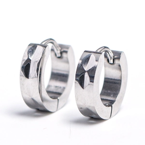 Polished silver stainless steel huggie earrings with geometric diamond pattern for men