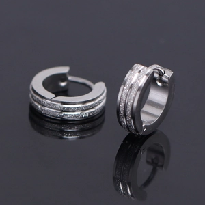 Mens silver stainless steel hoop earrings with frosted texture and polished edges
