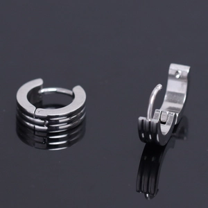 Sleek silver stainless steel ear cuffs with three-layer groove texture in punk style