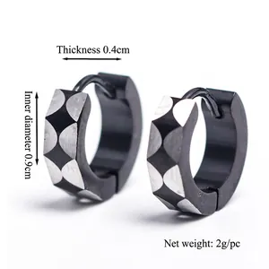 Boucles d'oreilles créoles en acier noir avec motif géométrique et dimensions indiquées