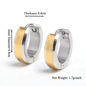 Polished stainless steel hoop earrings in gold and silver, 9mm diameter for men and women