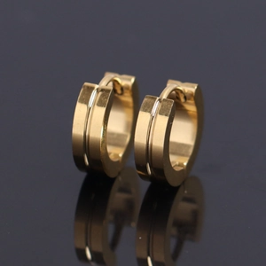 Polished gold stainless steel wide hoop earrings with center groove design for men