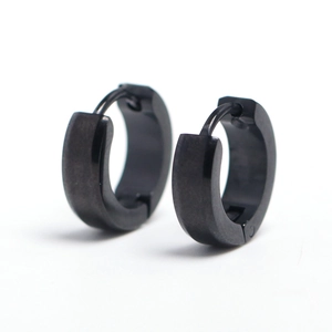 Macro detail of black stainless steel hinged hoop earrings with a matte finish