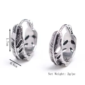 Men's vintage stainless steel feather earrings with 1.7cm outer diameter and 0.6cm width