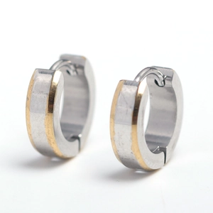 Sleek stainless steel hoop earrings with a gold brushed stripe for a modern look