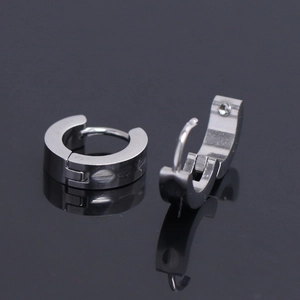 Polished silver 4mm stainless steel huggie earrings shown in open and closed positions