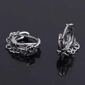 Retro Stainless Steel Rose Flower Hoop Earrings For Men Gothic Black Rhinestone Tassel Drop Stud Earring Fashion Jewelry