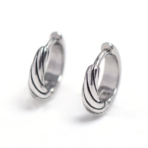 Polished stainless steel hoop earrings for men with unique spiral twisted texture