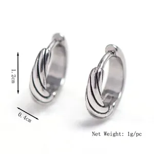 Men's retro rope texture stainless steel hoop earrings in vintage silver finish