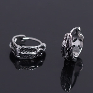 Men Stainless Steel Hoop Earrings Vintage Oxidized Feather Fleur-De-Lis Peace Symbol Ear Buckle Fashion Jewelry