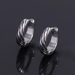 Men's vintage twisted cable hoop earrings in polished stainless steel with retro silver finish