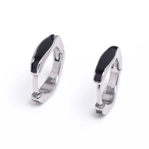 Sleek silver wave huggie hoop earrings with black enamel stripe inlay for men and women