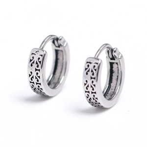 Mens silver stainless steel hoop earrings with engraved black geometric pattern