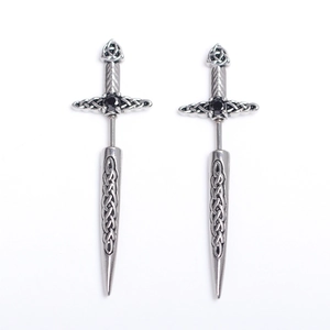 Retro stainless steel sword earrings with black gemstones and Celtic knot patterns
